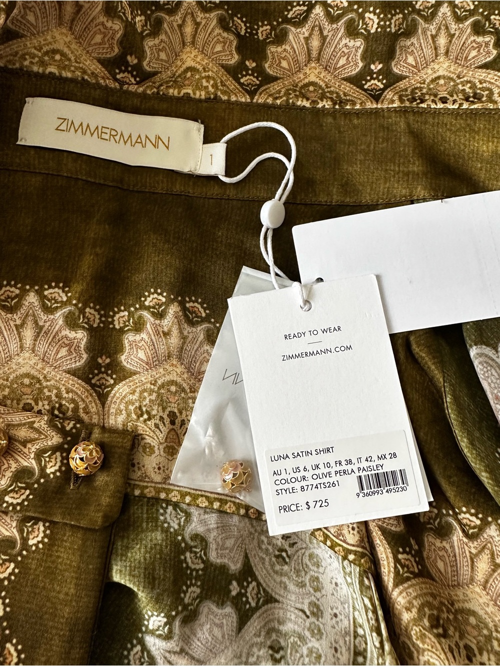 NWT $725 Zimmermann
Luna Paisley Print Silk Satin Button-Up Shirt
Size AU1 US 6 - Picture 9 of 13